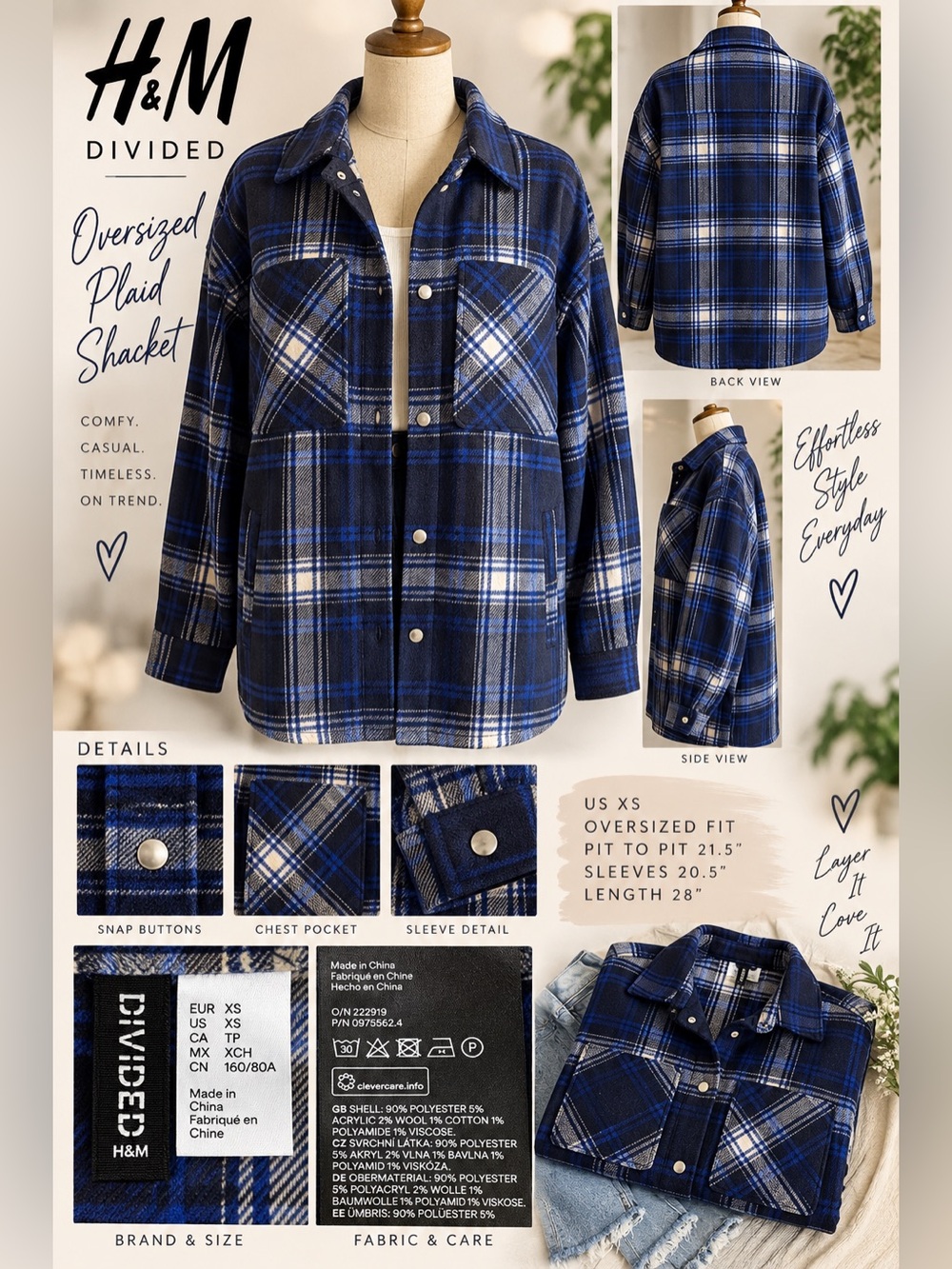 H&M Divided Blue Plaid Oversized Flannel Shacket Snap Front Jacket XS